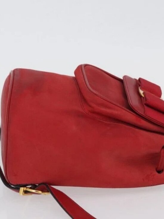 Salvatore Ferragamo Vala Backpack Suede Red Gold Auth BA11218